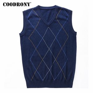 Coodrony Casual Argyle V-Neck Sem Mangas Colete Homens Roupas Outono Chegada de Inverno de Cashmere de Cashmere 8174 210923