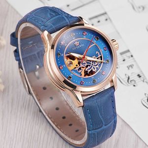 OUYAWEI Women's Watch Leather Strap Diamond Dial Skeleton Ladies Wristwatch Automatic Mechanical Relogio Feminino 210616