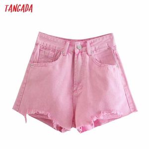 Tangada女性ピンクタッセルリッピングデニムショーツサイドジッパーポケット女性レトロカジュアルショーツパンタロン4M186 210609