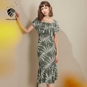 FANSILANEN Strapless print long bodycon dress Women summer ruffle green sexy boho beach Black party elegant trumpet 210607