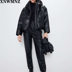 Kadınlar Siyah Kürk Faux Deri Ceket Kaban Boy Fermuar Kış Kadın Kalın PU Kapüşonlu Palto Yüksek Kalite 210520