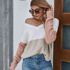 Kobiety Dorywczo Pasiasta Patchwork Sweter Sexy Off Ramię V-Neck Z Długim Rękawem Outwear Ladies Eleganckie Chic Dzianiny Szydełkowane Topy 210412