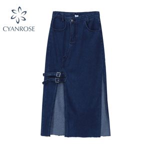 Long Denim Skirt Kvinnor Vår Höst Vintage Elegant Fritid Fritid A-Line High Wasit Hipster Split Jeans Skirt Kvinna 210417