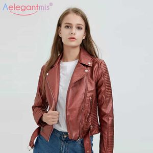 Aelegantmis İlkbahar Sonbahar Kadın Faux Deri Ceket Kadın Motosiklet Biker Kırmızı Ceket Serin Kemer Streetwear Punk Giyim 210607