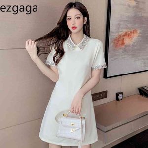 Ezgaga夏のシンプルなビーズラペルミニドレスオフィスの女性半袖韓国のファッションルースAラインエレガントな女性ドレスシック210430