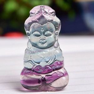 Manual Meditation Female Buddha Statue Religious Pendant Bodhisattva Quan Kwan Yin Protection Amulet Charm Made of Rainbow Fluorite Gemstone Healing Crystal