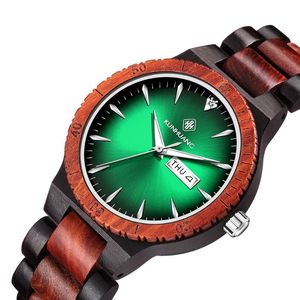 Wristwatches KUNHUANG Green Wooden Man Watch Week Luminous Hands Automatic Date Quartz For Men Relogio Masculino Box Tool KH1105 2021