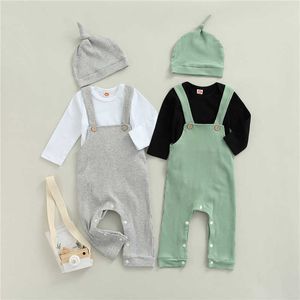 3 pcs meninos recém-nascidos meninos macios manga longa romper + calças + macacão + chapéu, festa simples cor sólida mola roupas, 0-12 meses g1023