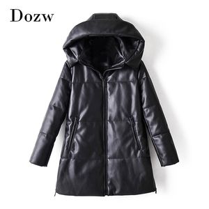 Зимняя повседневная искусственная кожаная кожа черное пальто женщины с длинным рукавом толстая теплая куртка леди PU Midi с капюшоном 210515