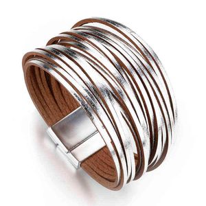 Allyes Simple Gold Color Leather Bracelets for Women Fashion 2020 Boho Multilayer Strips Wide Wrap Bracelet Jewelry