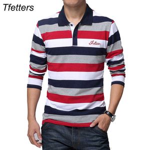 TFetters Höstmän T-shirt Stripe Pattern Letters Skriv ut Långärmad Turn-down Collar Shirt Stor storlek M - 5XL 210629