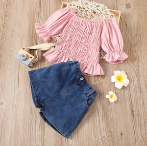 Maluch Baby Girls Latarnia Szorty Rękaw Set Moda Solid Color Boat Neck Ruffles T-shirt i Denim Krótkie spodnie