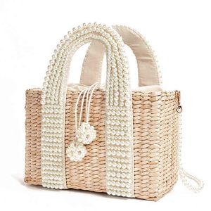 Shopping Bags New Women s with Pearl Ladies Hand Straw Basket Large Tote Crossbody Messenger for Womens Handbags and Purses 220309