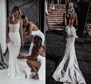 Glittering Sequined Beach Boho Wedding Gowns 2022 Modern Square Neck Sexy Open Back Spaghetti Straps Mermaid Bridal Dress Sweep Train robes de mariée Arabic CG001