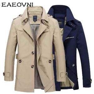 EAOVNI MENS Affärsjacka Mode Höst Män Lång Bomull Windbreaker Jackor Overcoat Man Casual Vinter Trench Outwear Coat 211214