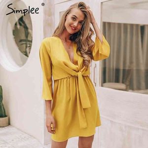 Vintage long sleeve chiffon summer women Black bow office bandage dresses Sexy red female ladies short dress festa 210414