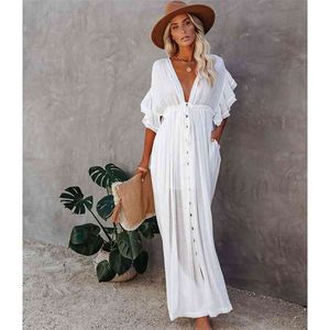 Beyaz Kapak-UPS Bikini Kapak Up Kaftan Kadınlar Uzun Maxi Elbise Katı V Boyun Bayanlar Tatil Robe Plage Tunik Beachwear 210722