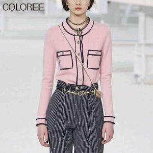 Koreanische Mode Rosa Strickjacke Frauen Frühling Herbst Casual Oansatz Langarm Gestrickte Pullover Mujer Elegante Chic Tops 211217