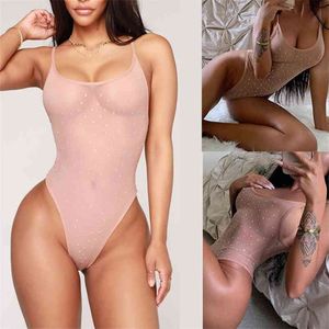 Sexig kroppsskulption Jumpsuit Kvinnors Spaghetti Strap U Neck Skinny Mesh Sheer Rosa Tunna Bodysuit Elastic Rompers 210517