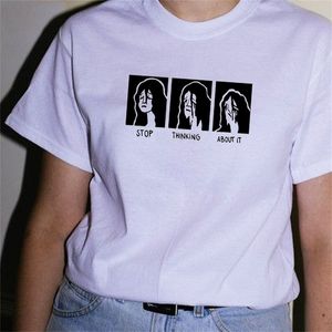 Stop Thinking About It Sad Girl Drawing T-Shirt Women's Tumblr Fashion Grunge Printed Tee Harajuku Style 90s Shirt 210512