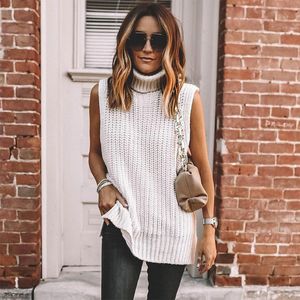 Women Solid Turtleneck Sleeveless Knitted Vest Sweater Autumn Winter White Pullover Ladies Casual Jumper Oversized Sweater 210416