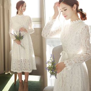 COIGARSAM New Spring Autumn White Dress Bow Sleeve Lace Long Dresses Clothes for full women 2019 Y1006