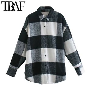 TRAF Kobiety Moda Zagraniczona Check Woolen Kurtka Płaszcz Vintage Długim Rękawem Button-Up Kobieta Odzież Odzszenice Chic Topy 210415