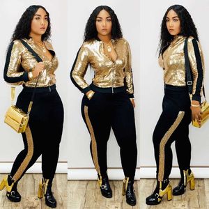 Sparkling Sequins Women Plus Size Två Piece Sats Sexy Clubwear Zipper V-Halsrock + Hög midja Skinny Pants Outfits 2021 Spring X0709