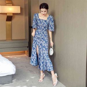 Langes Maxikleid für Frauen Korea Rüschenärmel Quadratischer Ausschnitt Blau Eleganter Druck Sommerkleid Sexy Damen Kausalkleider 210602