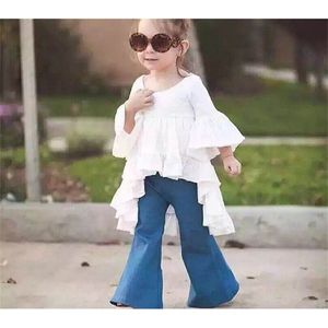 L'estate della ragazza all'ingrosso imposta il vestito a tre quarti bianco + i jeans del denim 2 pezzi i vestiti dei bambini di modo 1-6Y KQ173 210610