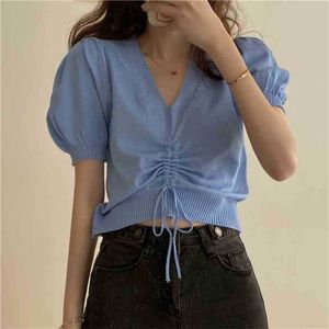 Koreansk sommar hög midja minimalistiska smala ljus tjejer v-hals stiliga stickade mode korta ärmar kort t-shirts 210525