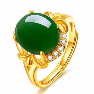 Vintage Green Jade Emerald Gemstones Cyrkonicy Diamenty Pierścienie Dla Kobiet 14K Złoty Kolor Biżuteria Bijoux Party Akcesoria Prezent Urodzinowy