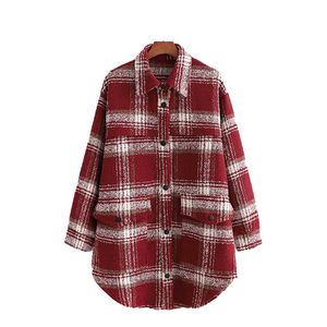 Vintage Woman Oversized Red-White Plaid Woolen Shirt Autumn Winter Fashion Ladies Loose Soft Jackets Female Casual Outwear 210515
