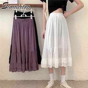 Spring Summer Plus Size S-5XL Moda Feminina Branco Preto Roxo Cintura Alta Midi Long School Plissado Saia Feminina 210421