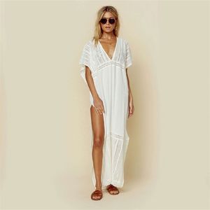 Plus Size Beach Dres Wear Cover-ups Long White Tunic Bikini Swimsuit Cover Up Bath Sarong plage pareo #Q1001 210722