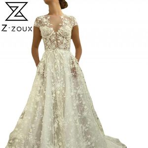 女性のドレスVネック半袖の視点レースホワイトプロムエス女性プラスサイズの長い夏の結婚式210524