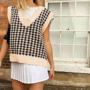 Houndstooth Knitted Pullover Bez Rękawów Oversize Sweter Kamizelka Vintage Plaid Buckers E-Girl V Neck Tops Kobieta 210915