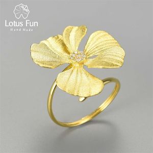 Lotus Fun Elegant 925 Sterling Silver Zircon Adjustable Large Peony Flower Rings for Women Christmas Gift Statement Jewelry 211217