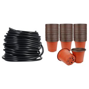 Watering Equipments 4 / 7mm Sprinkler System Laying Tube Irrigation Pipe 20m With 130 Pcs 10cm Plastic Plants Nursery Seed Starting Pots