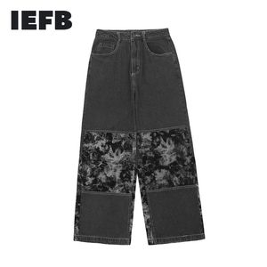IEFB Tie Dye Kontrast Color Stitching Proste Czarne Dżinsy Męskie Trend Street Luźne Szerokie Spodnie Nogi Moda Dorywczo Spodnie 9Y7500 210524