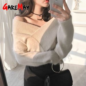 Women's Sweaters V Neck Sexy Winter Sweater Long Sleeve White Casual Knitted Korea Pullovers 210428