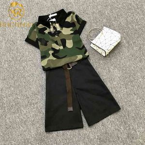 Sommar kvinnor två stycken set kortärmad grön chiffongröja + hög midja bred ben shorts mode utskrift 2 210506