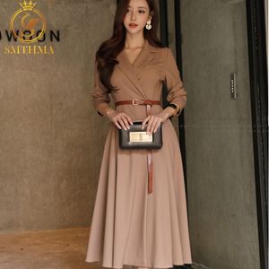 HOHE QUALITÄT Mode Winter Kleid frauen Langarm Elegante Casual Vestidos Kostenloser Gürtel 210520