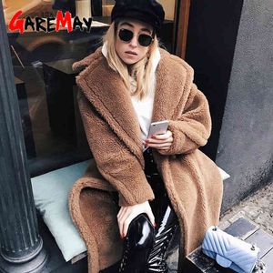 Faux pälsrockar och jackor Kvinnor Höst Vinter Varm Tjock Cashmere Mid-Calf Rak Kvinna Overcoat Lady OuterWear 210428