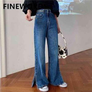 Fiords прямая нижняя сплит женщина джинсы высокая талия повседневная свободная широкая нога Жан осень зима классический синий винтаж 210809
