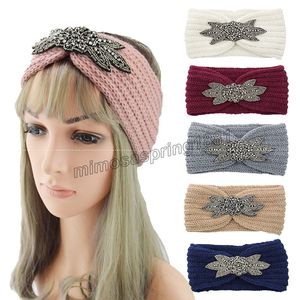 Fascia per capelli lavorata a maglia con perline di cristallo a sei foglie Avvolgere la testa all'uncinetto invernale Ampia fascia per capelli Bohemia Diamond Winter Warmer Copricapo da donna