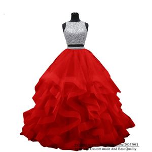 Quinceanera Sukienki 2021 Dwa kawałki Sexy Backless Crystal Cekiny Party Prim Formalna Tulle Frezowanie Suknia Balowa Vestidos DE 15 ANOS Q13