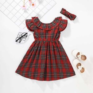 kid girls puff sleeve o-neck plaid dress with head band 2021 summer toddler child clothes red green 1-6Y casual style A-line Q0716