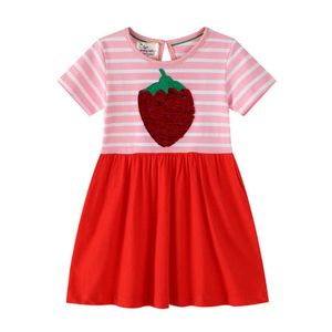 Hoppmätare prinsessa tjejer tutu klänning med jordgubbe beading bomull barn sommar kortärmad för baby 210529