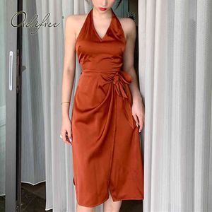 Summer Women Satin Party Backless Halter Off Shoulder Sexy Silk Tunic Dress 210415